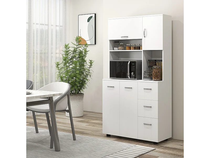 Armoire de Cuisine Buffet Multi-rangements 4 Portes 3 tiroirs étagère + Grand Plateau 89L x 39,5l x 168H cm Blanc