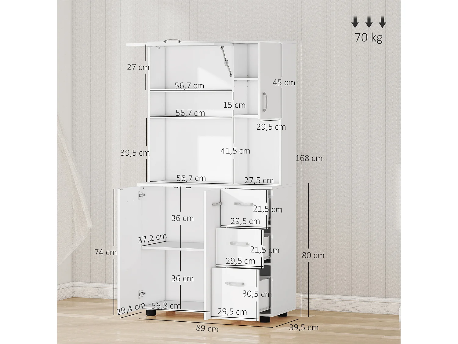 Armoire de Cuisine Buffet Multi-rangements 4 Portes 3 tiroirs étagère + Grand Plateau 89L x 39,5l x 168H cm Blanc