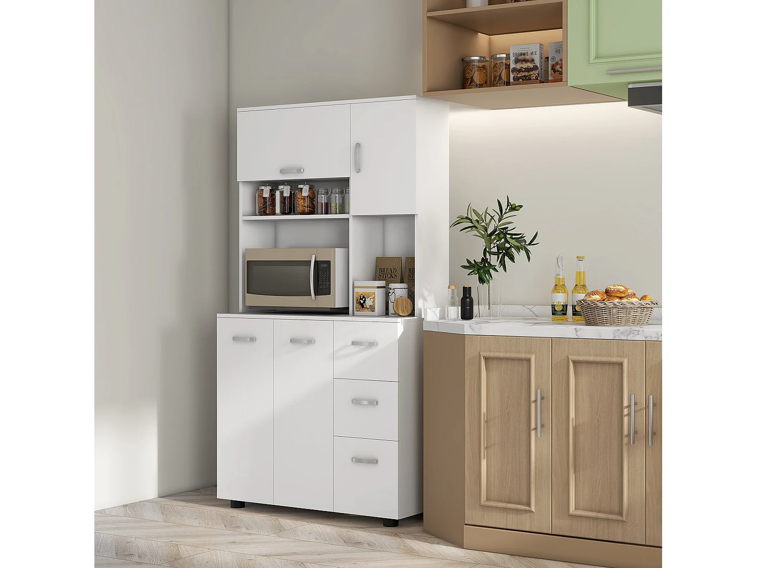 Armoire de Cuisine Buffet Multi-rangements 4 Portes 3 tiroirs étagère + Grand Plateau 89L x 39,5l x 168H cm Blanc