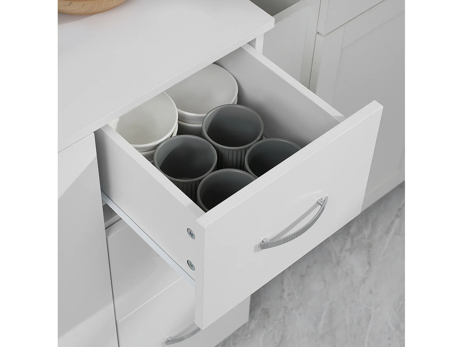 Armoire de Cuisine Buffet Multi-rangements 4 Portes 3 tiroirs étagère + Grand Plateau 89L x 39,5l x 168H cm Blanc