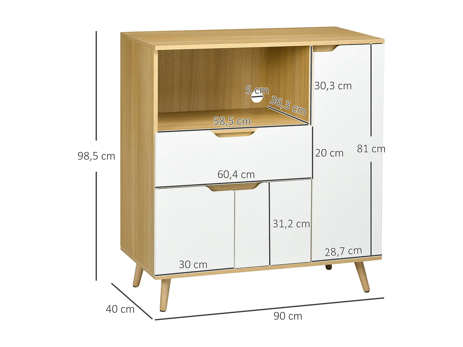 Buffet de cuisine style scandinave - meuble micro-ondes - 3 portes, étagère, niche, tiroir coulissant - dim. 90 x 40 x 98 cm - effet bois naturel blanc