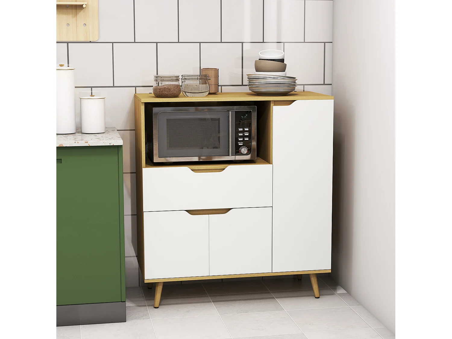 Buffet de cuisine style scandinave - meuble micro-ondes - 3 portes, étagère, niche, tiroir coulissant - dim. 90 x 40 x 98 cm - effet bois naturel blanc