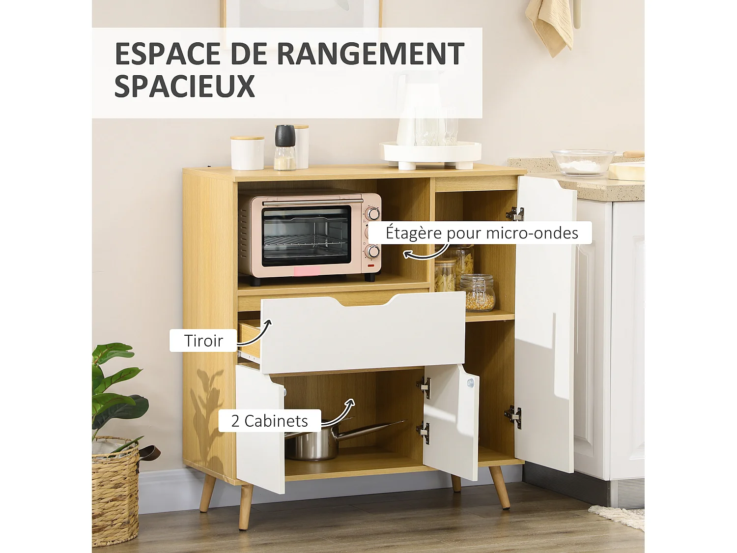 Buffet de cuisine style scandinave - meuble micro-ondes - 3 portes, étagère, niche, tiroir coulissant - dim. 90 x 40 x 98 cm - effet bois naturel blanc