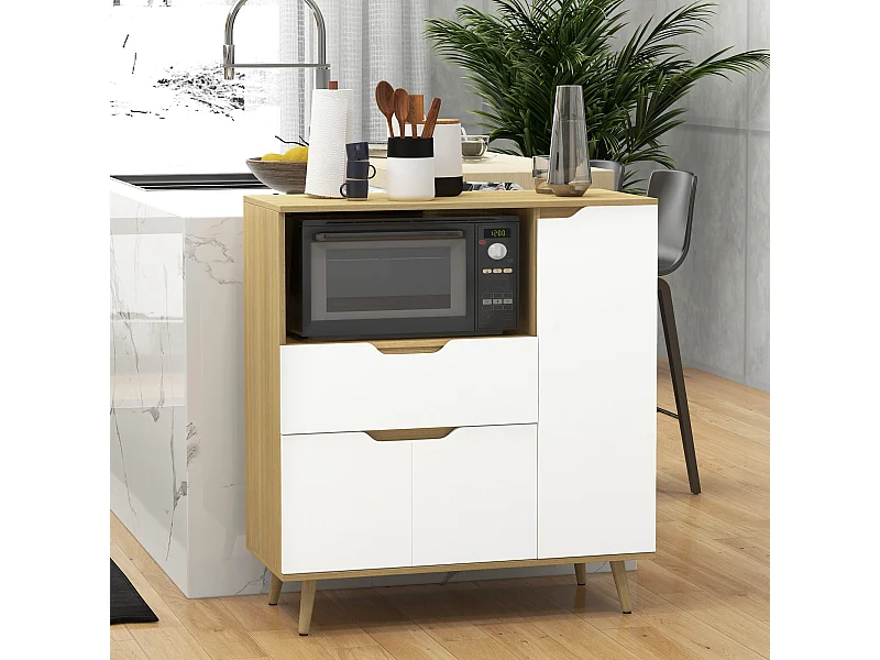 Buffet de cuisine style scandinave - meuble micro-ondes - 3 portes, étagère, niche, tiroir coulissant - dim. 90 x 40 x 98 cm - effet bois naturel blanc