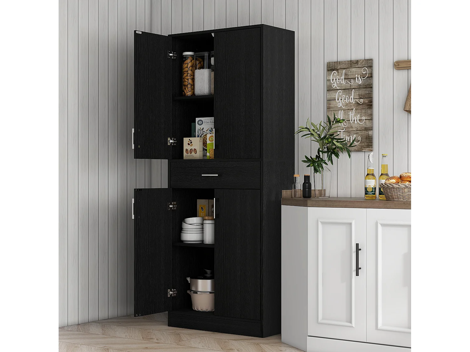 Buffet haut de cuisine style contemporain - 4 portes, 2 étagères réglables, tiroir coulissant - effet bois noir