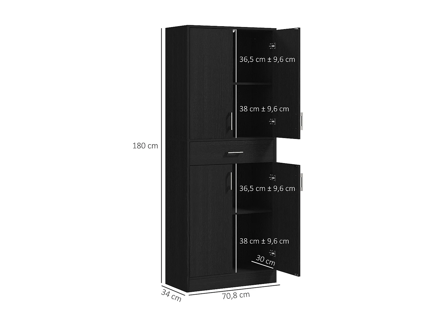 Buffet haut de cuisine style contemporain - 4 portes, 2 étagères réglables, tiroir coulissant - effet bois noir