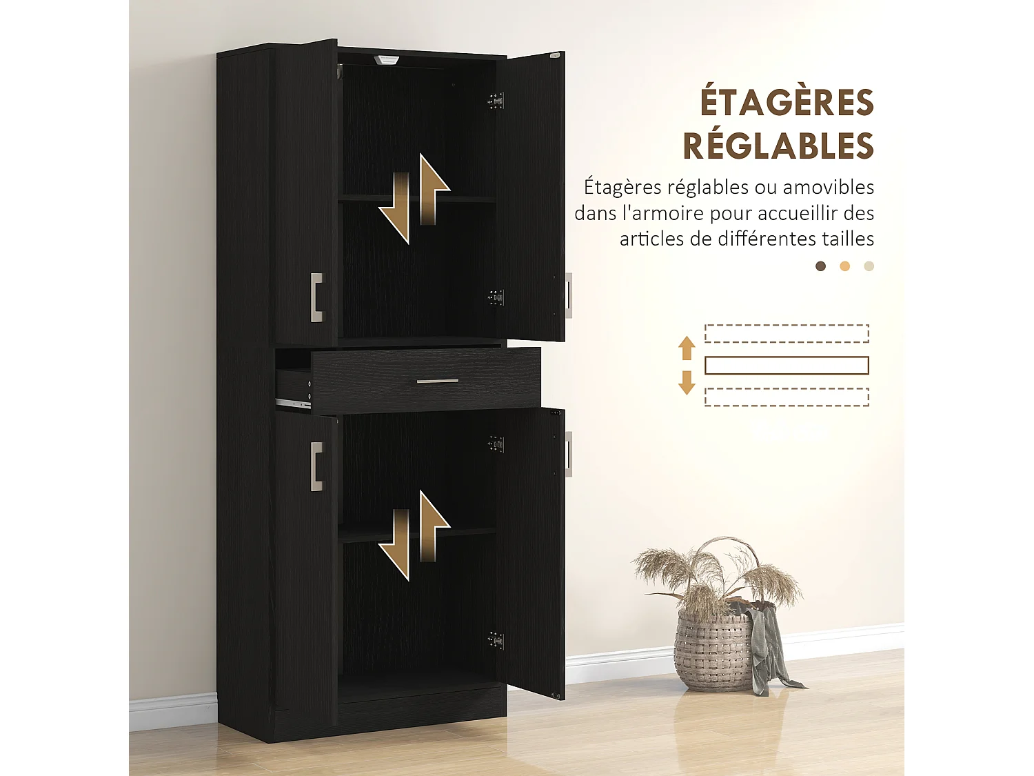 Buffet haut de cuisine style contemporain - 4 portes, 2 étagères réglables, tiroir coulissant - effet bois noir