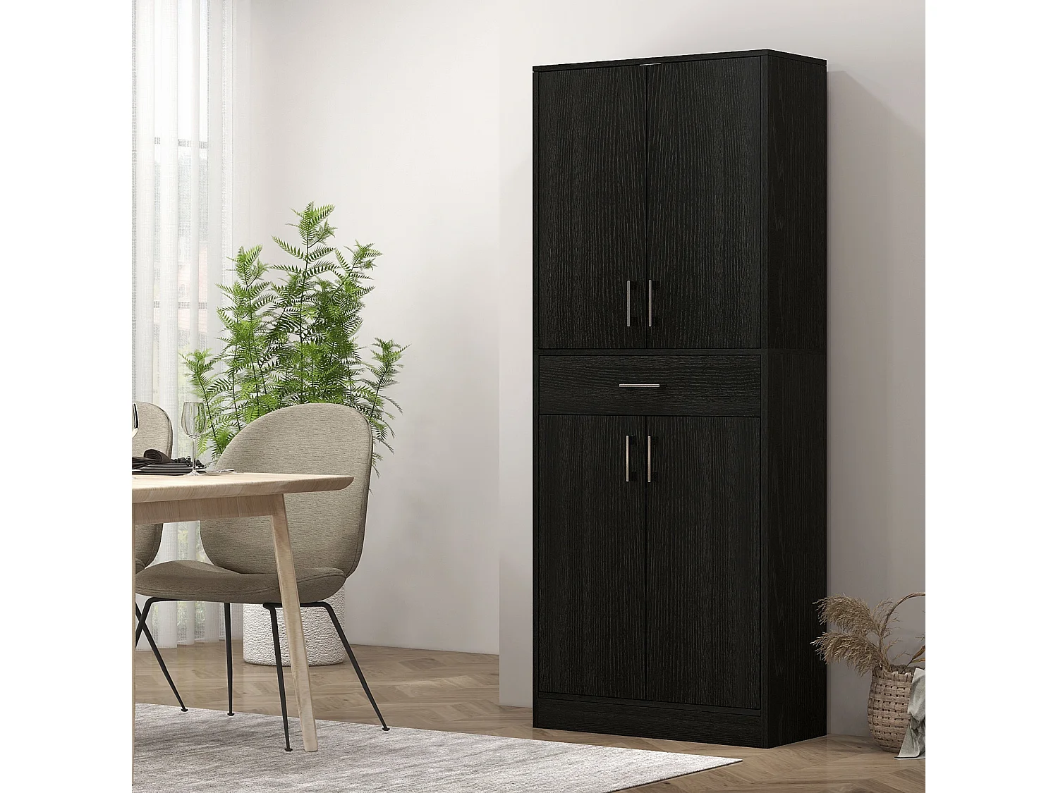 Buffet haut de cuisine style contemporain - 4 portes, 2 étagères réglables, tiroir coulissant - effet bois noir