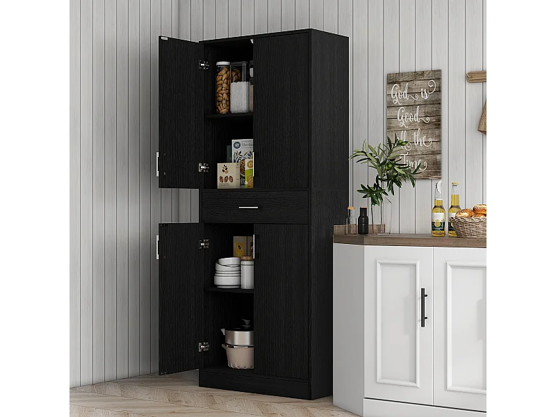 Buffet haut de cuisine style contemporain - 4 portes, 2 étagères réglables, tiroir coulissant - effet bois noir