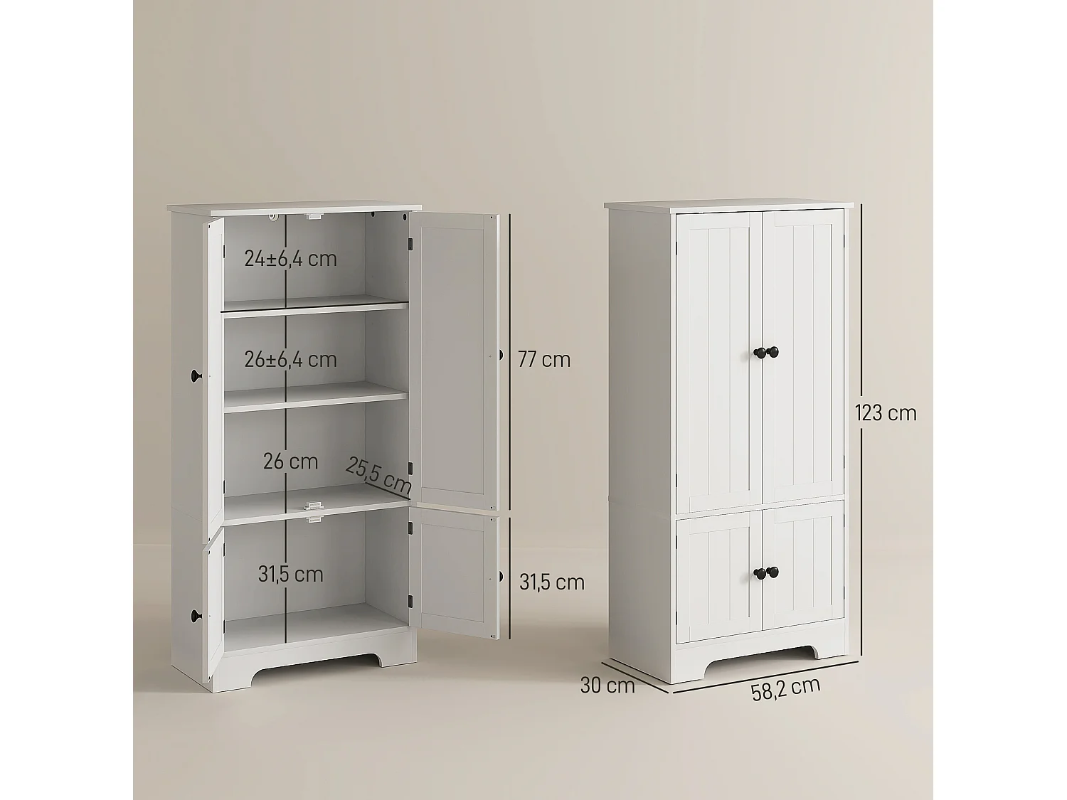 Armoire de cuisine buffet haut style champêtre chic - 4 portes, 4 niveaux - 58 x 30 x 123 cm - blanc