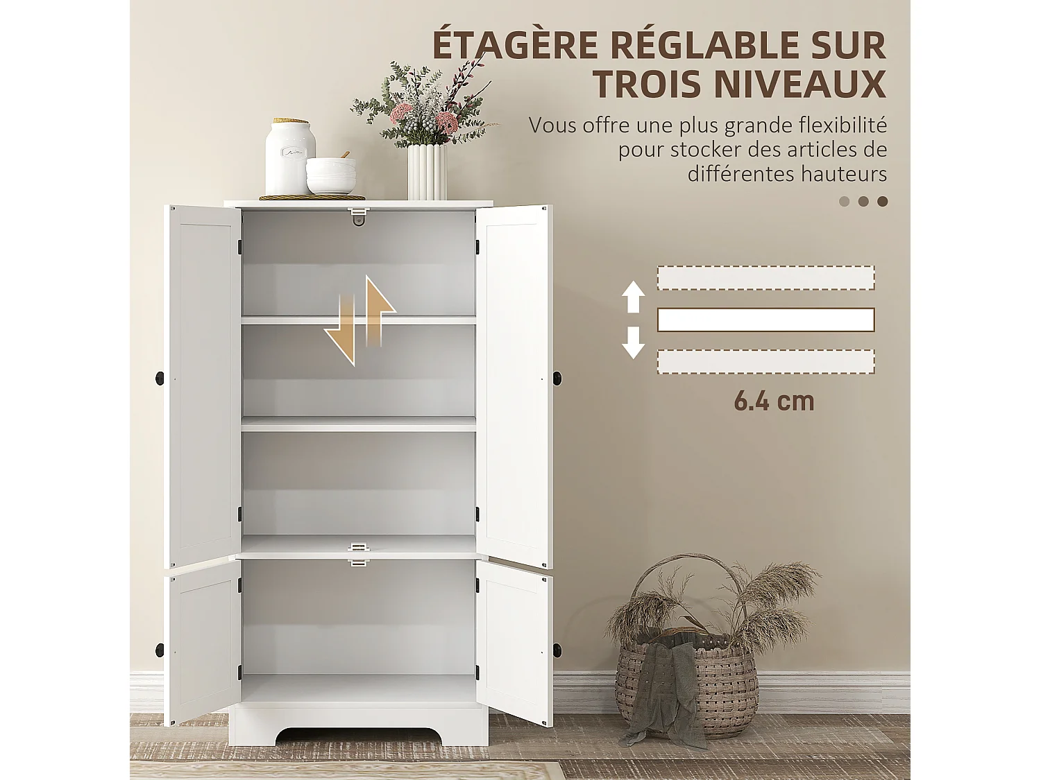 Armoire de cuisine buffet haut style champêtre chic - 4 portes, 4 niveaux - 58 x 30 x 123 cm - blanc