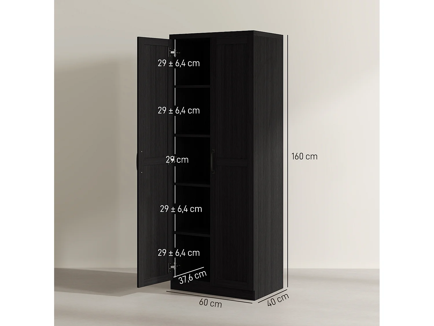 Buffet haut - armoire cuisine - 4 étagères réglables - dim. 60 x 40 x 160 cm - effet bois noir