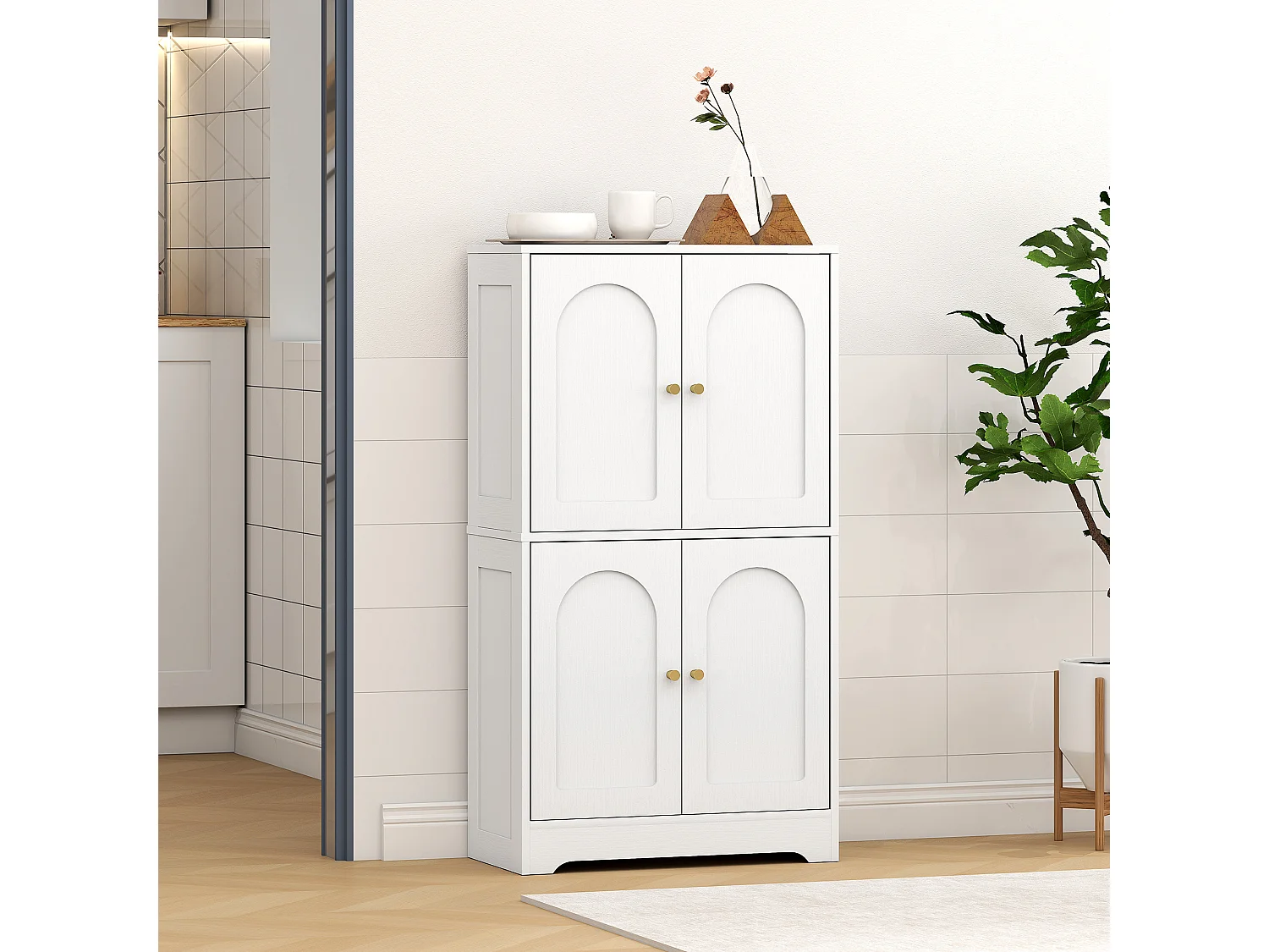 Bahut armoire de cuisine - 4 portes, 2 étagères - dim. 60 x 30 x 110 cm - effet bois blanc doré