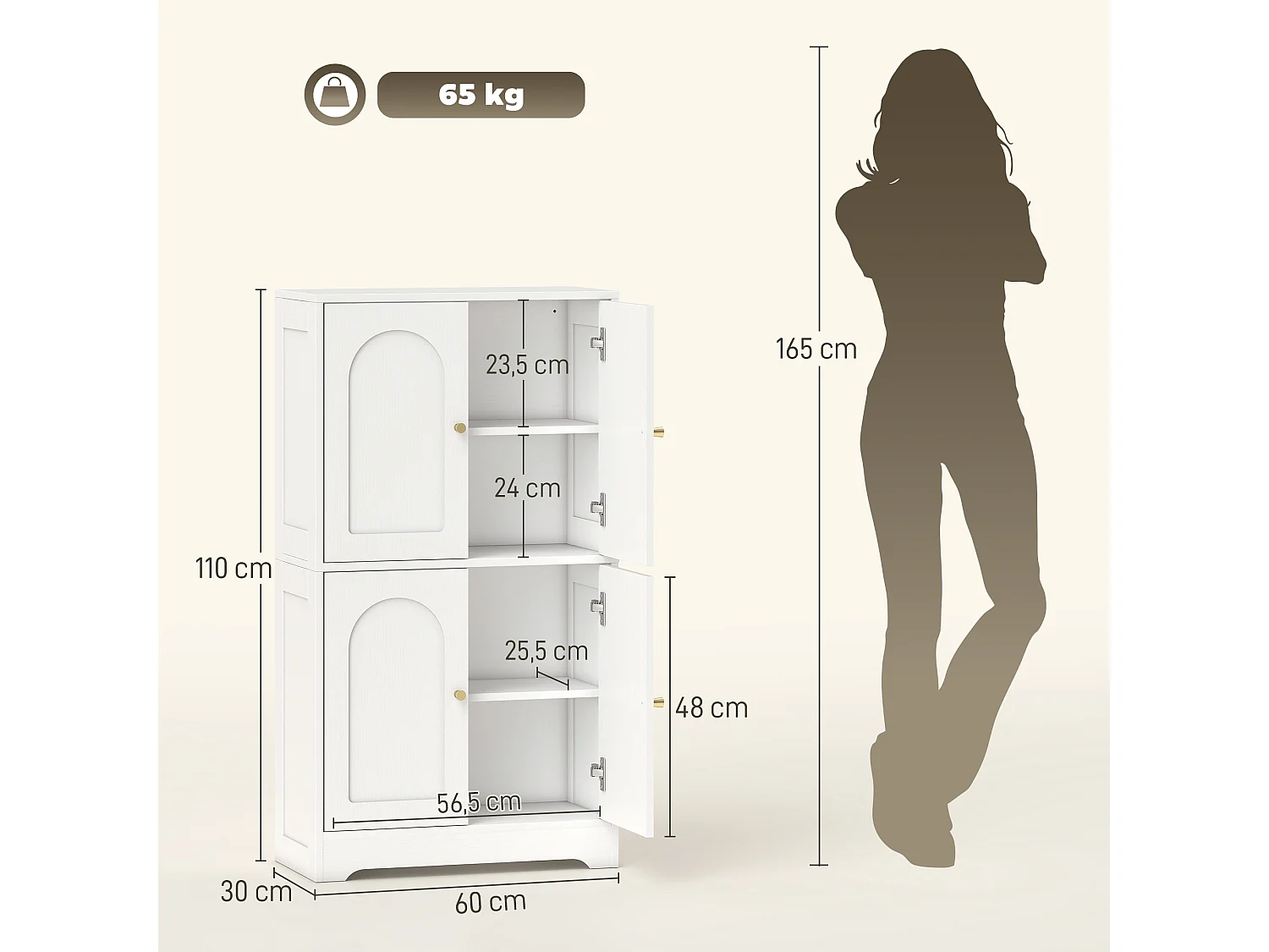 Bahut armoire de cuisine - 4 portes, 2 étagères - dim. 60 x 30 x 110 cm - effet bois blanc doré