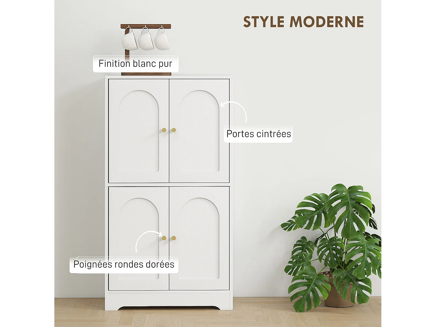 Bahut armoire de cuisine - 4 portes, 2 étagères - dim. 60 x 30 x 110 cm - effet bois blanc doré