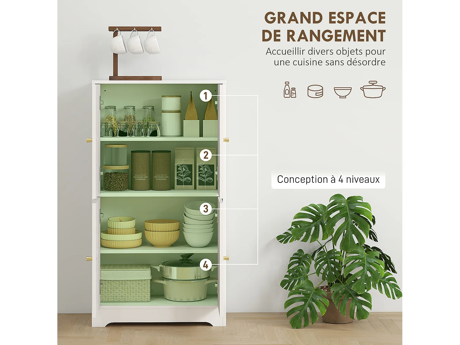 Bahut armoire de cuisine - 4 portes, 2 étagères - dim. 60 x 30 x 110 cm - effet bois blanc doré