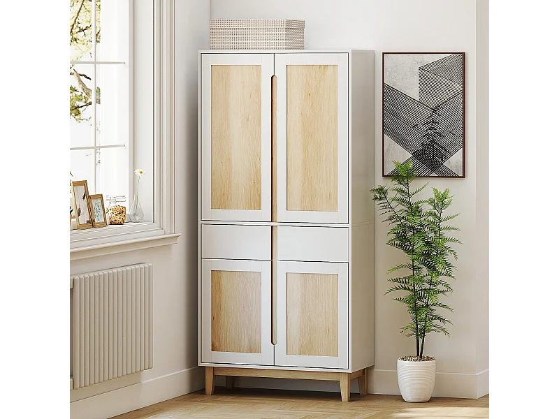 Buffet haut cuisine style nordique - 4 portes, 3 étagères - piètement bois blanc effet bois clair
