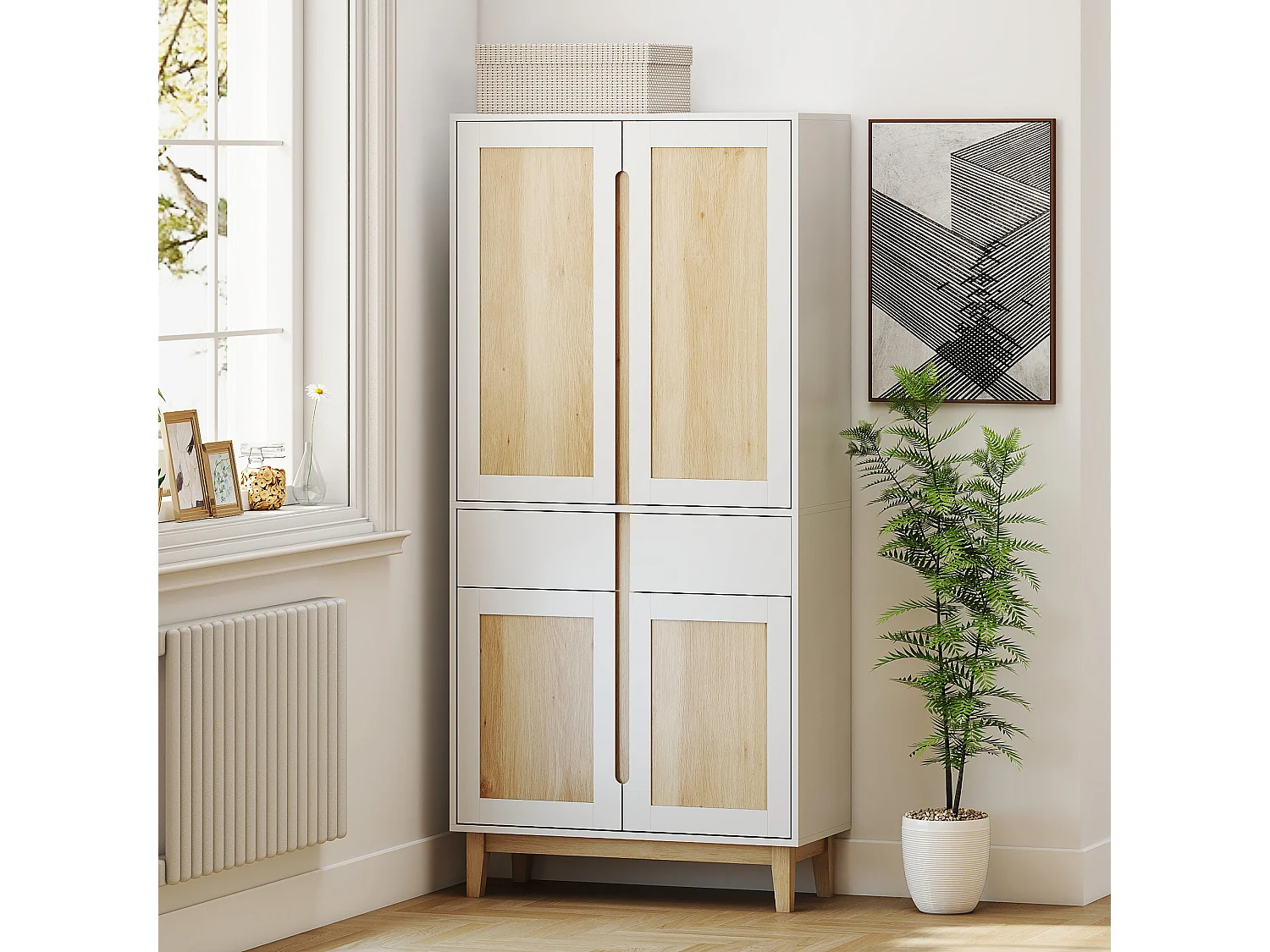 Buffet haut cuisine style nordique - 4 portes, 3 étagères - piètement bois blanc effet bois clair