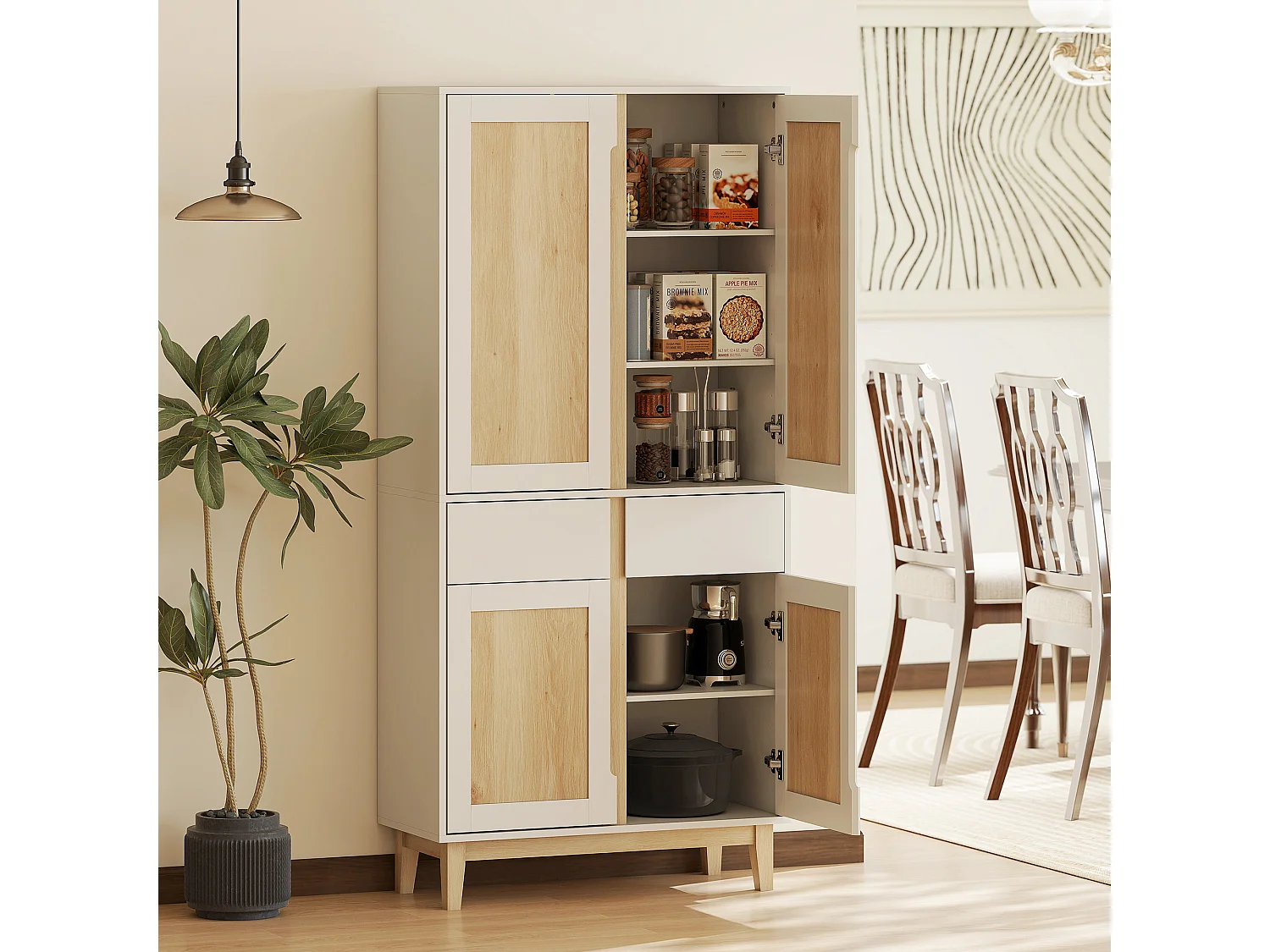 Buffet haut cuisine style nordique - 4 portes, 3 étagères - piètement bois blanc effet bois clair