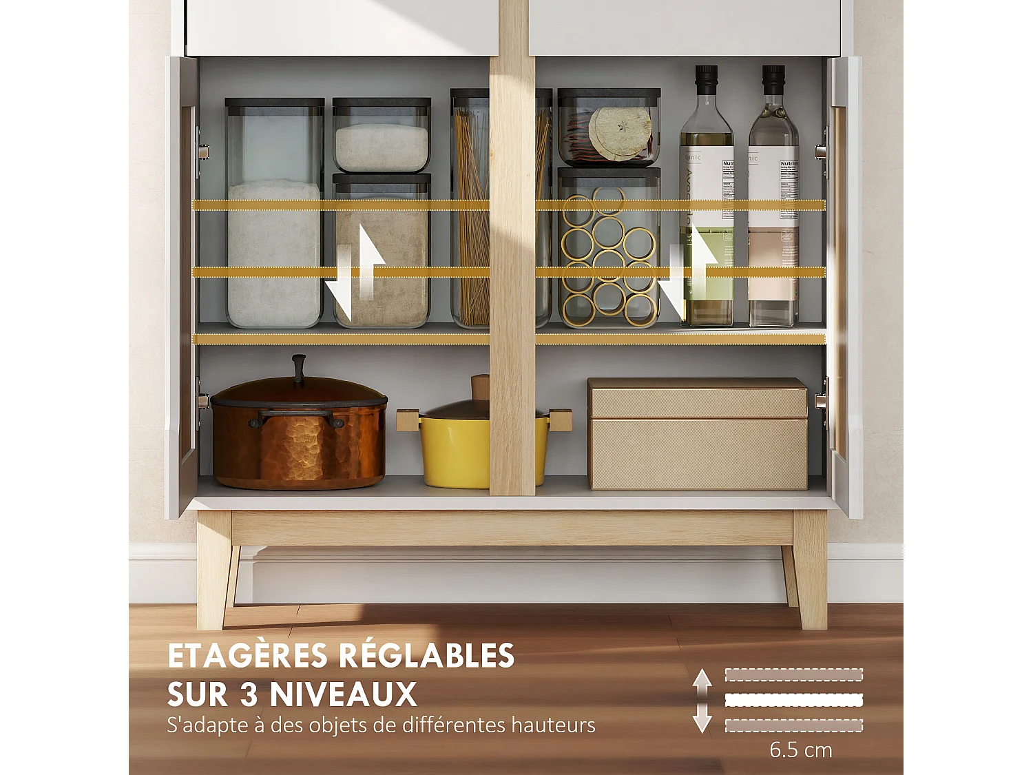 Buffet haut cuisine style nordique - 4 portes, 3 étagères - piètement bois blanc effet bois clair