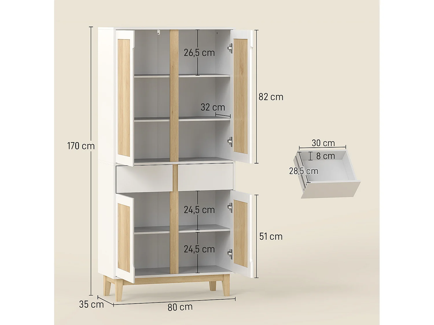 Buffet haut cuisine style nordique - 4 portes, 3 étagères - piètement bois blanc effet bois clair