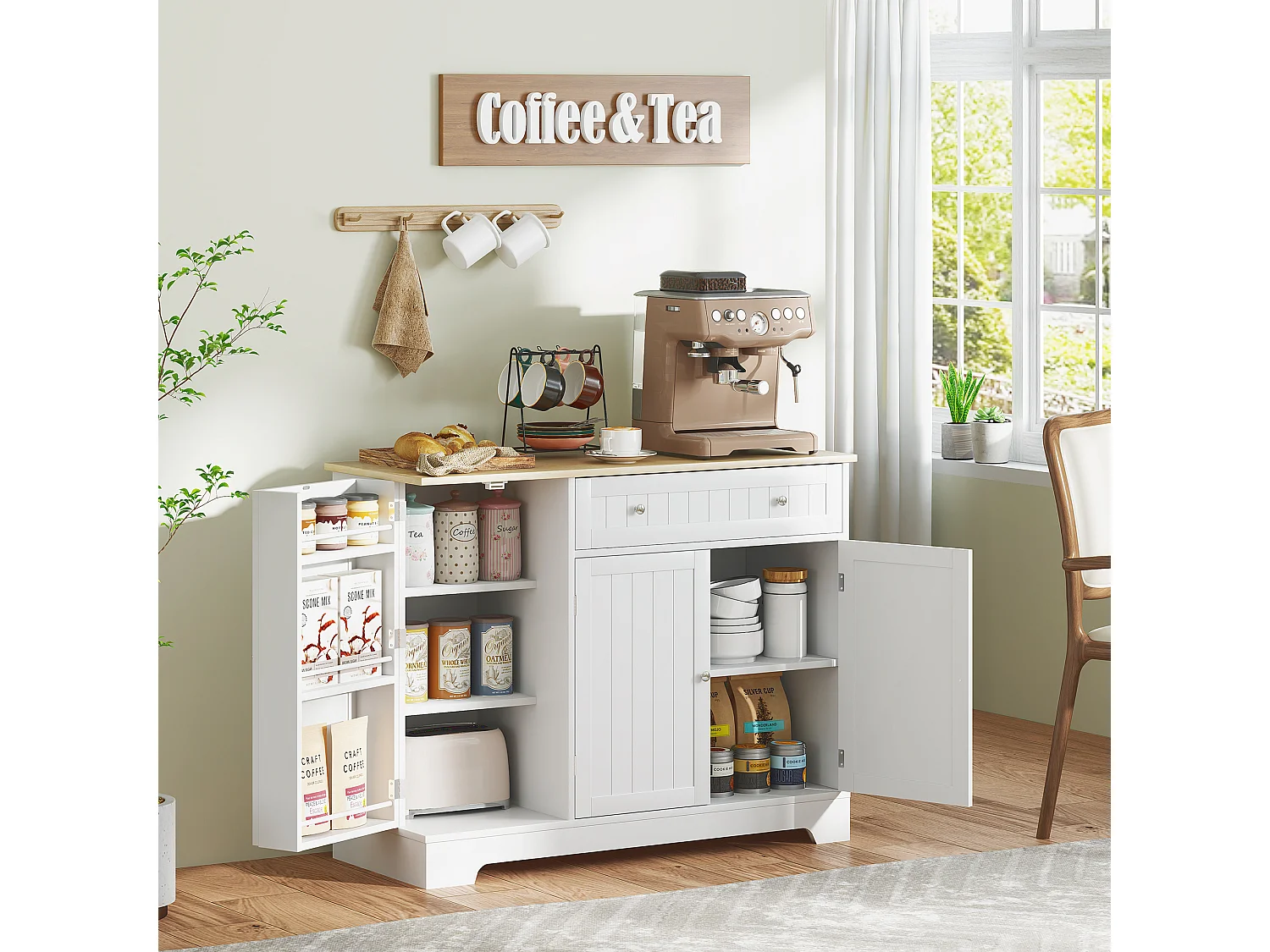 Buffet cuisine 3 portes 6 étagères tiroir coulissant dim. 105 x 40 x 83 cm effet bois blanc