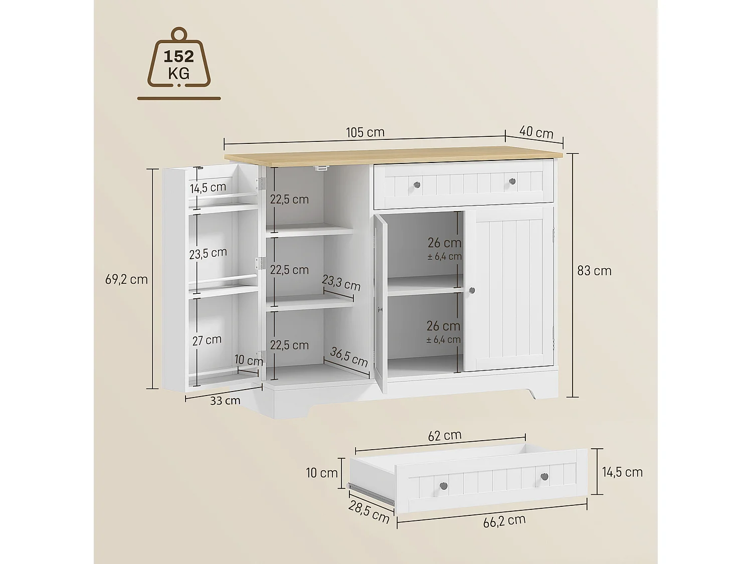 Buffet cuisine 3 portes 6 étagères tiroir coulissant dim. 105 x 40 x 83 cm effet bois blanc