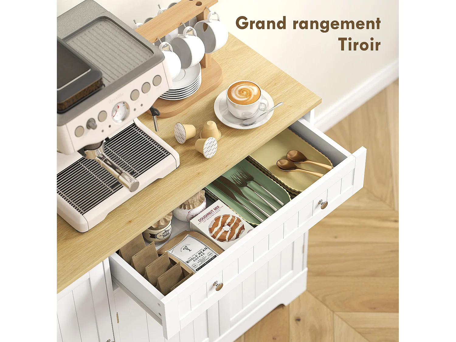 Buffet cuisine 3 portes 6 étagères tiroir coulissant dim. 105 x 40 x 83 cm effet bois blanc