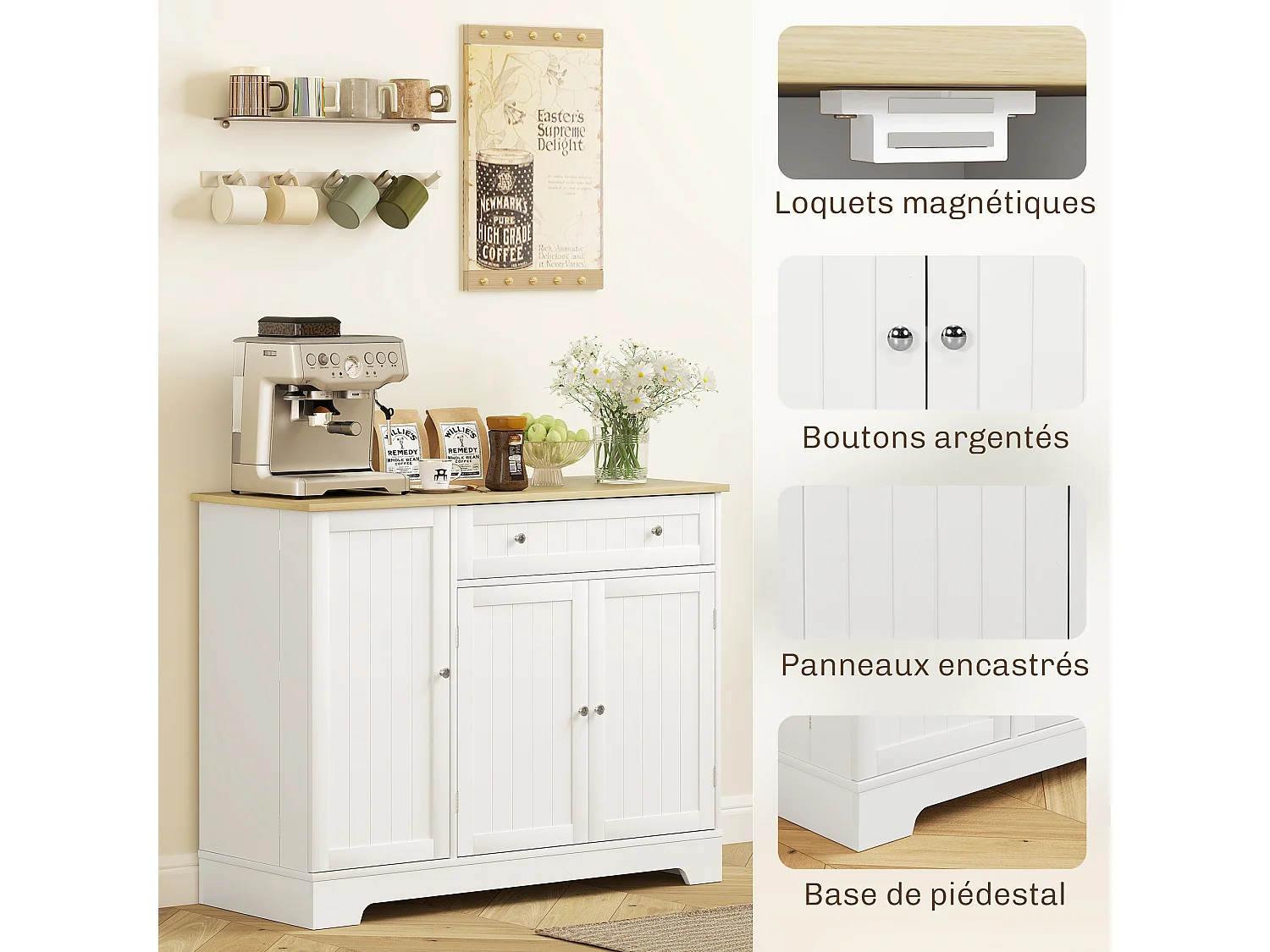Buffet cuisine 3 portes 6 étagères tiroir coulissant dim. 105 x 40 x 83 cm effet bois blanc