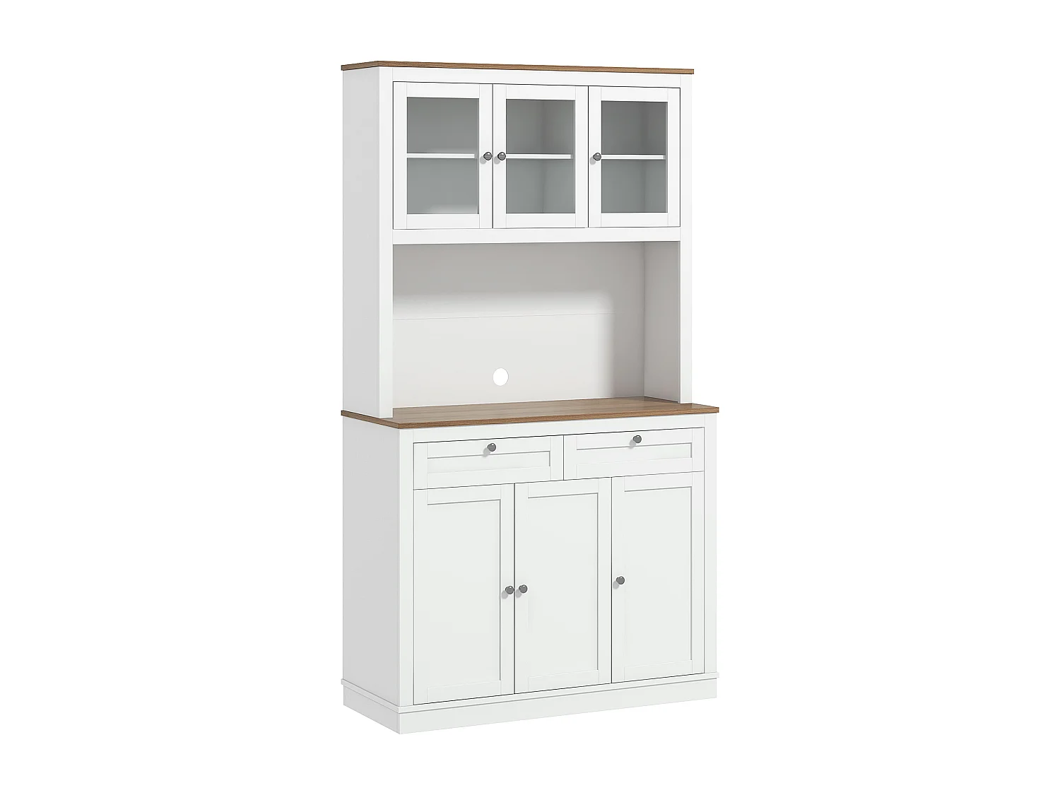 Buffet haut cuisine vitrine - 6 portes, 2 tiroirs, plan de travail - dim. 100x40x180cm - blanc effet bois noyer
