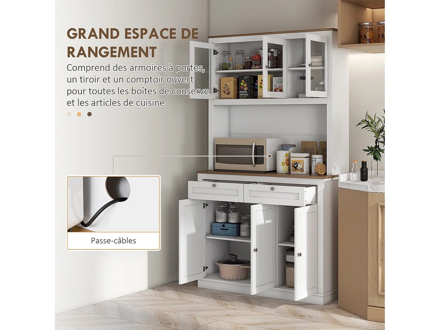 Buffet haut cuisine vitrine - 6 portes, 2 tiroirs, plan de travail - dim. 100x40x180cm - blanc effet bois noyer