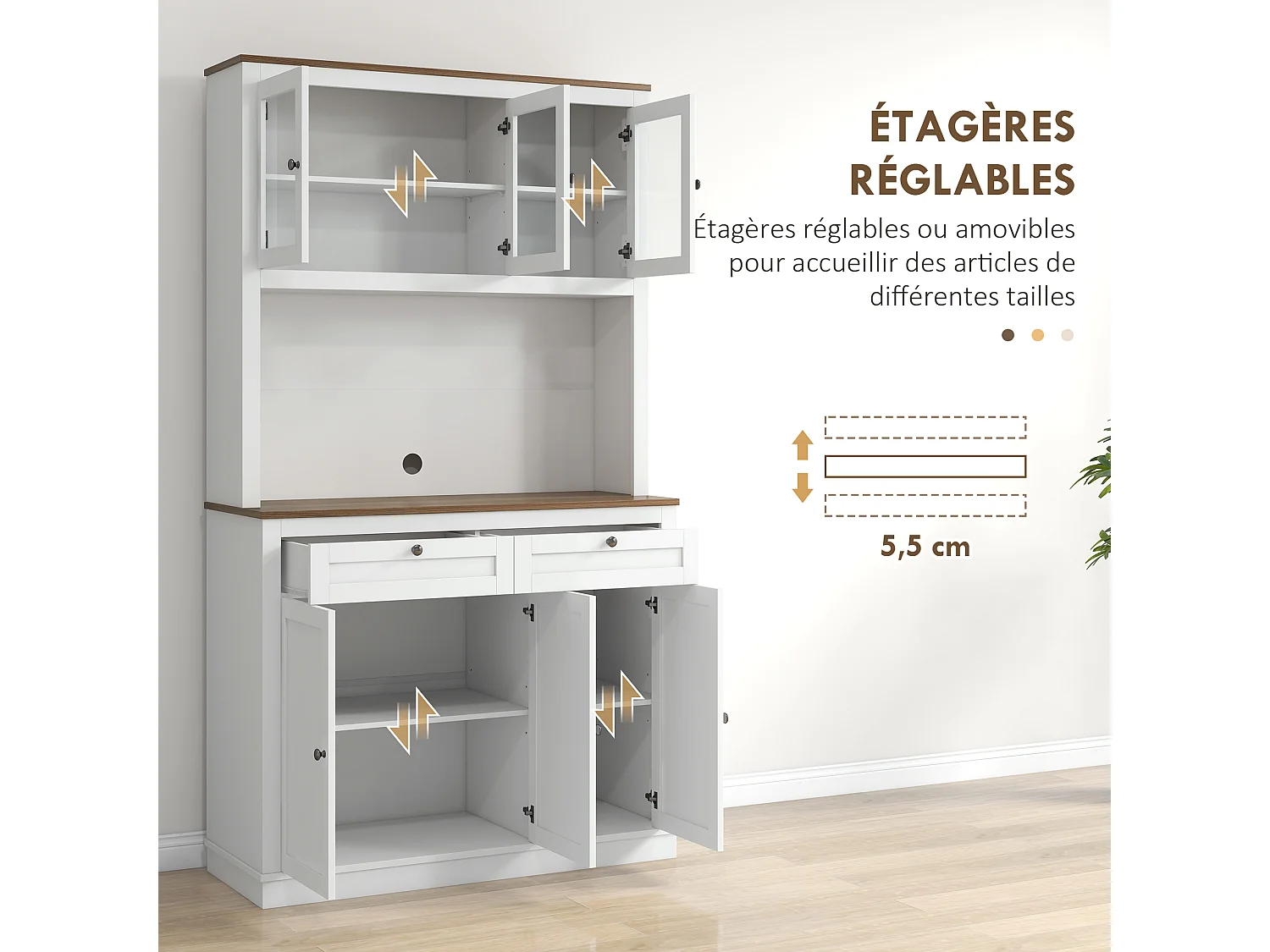 Buffet haut cuisine vitrine - 6 portes, 2 tiroirs, plan de travail - dim. 100x40x180cm - blanc effet bois noyer