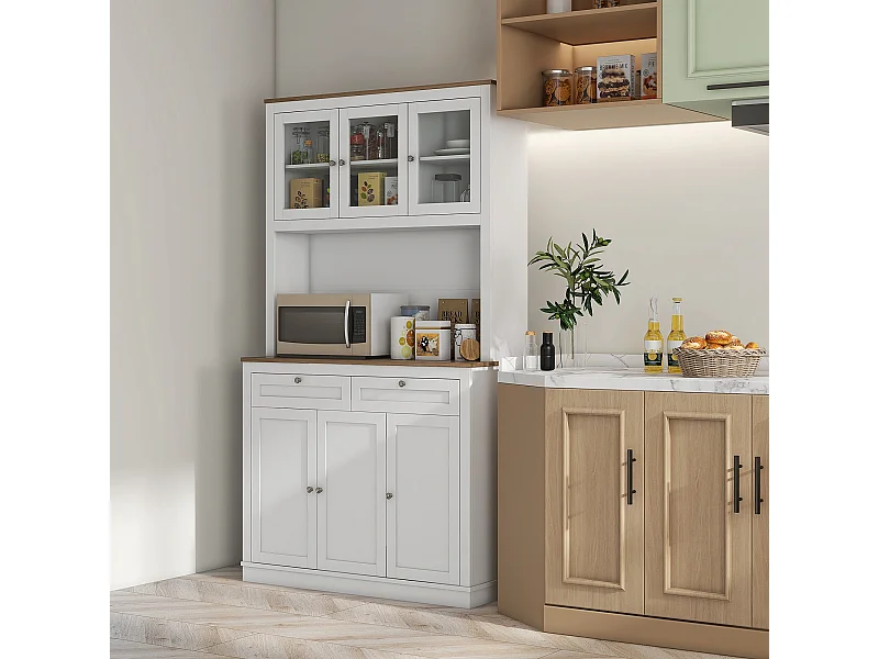 Buffet haut cuisine vitrine - 6 portes, 2 tiroirs, plan de travail - dim. 100x40x180cm - blanc effet bois noyer