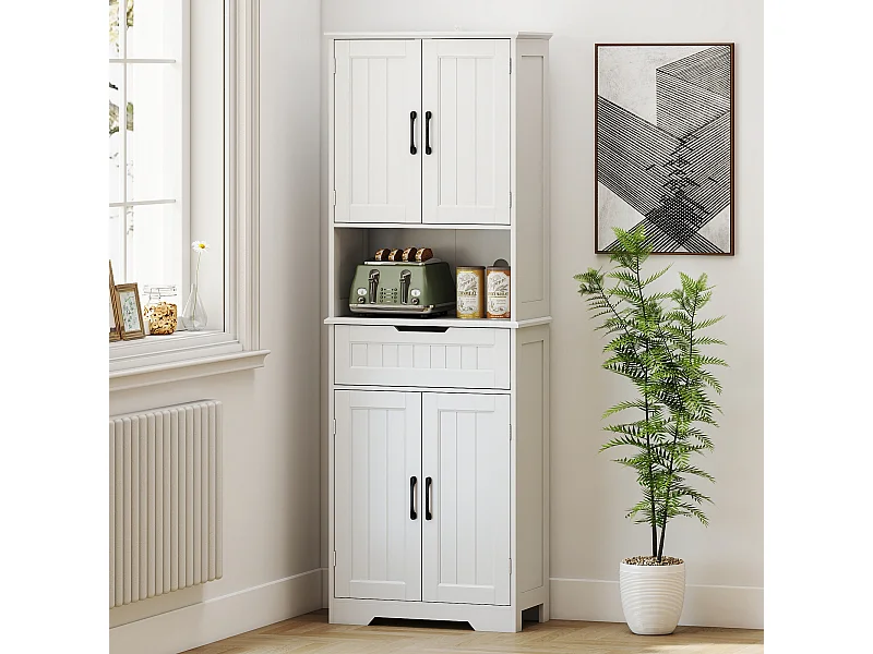 Buffet haut cuisine - 4 portes, 2 étagères, tiroir, grande niche - dim. 60 x 30 x 172 cm - blanc