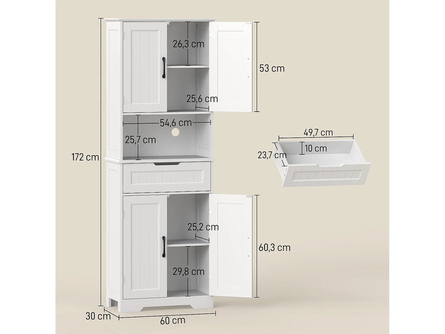 Buffet haut cuisine - 4 portes, 2 étagères, tiroir, grande niche - dim. 60 x 30 x 172 cm - blanc