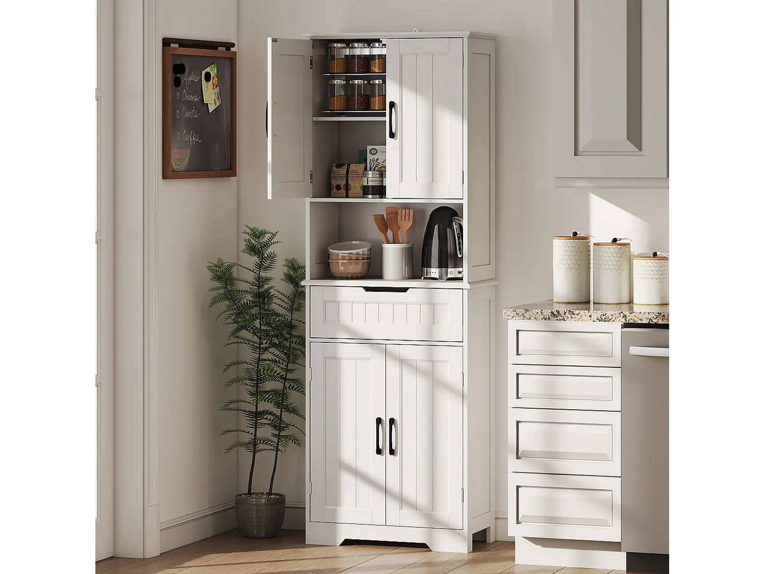 Buffet haut cuisine - 4 portes, 2 étagères, tiroir, grande niche - dim. 60 x 30 x 172 cm - blanc