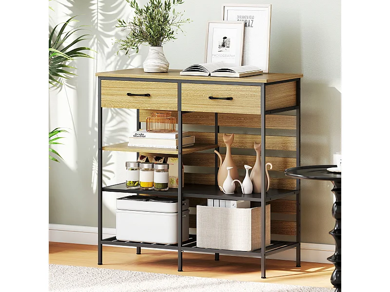 Rangement cuisine design industriel - 2 tiroirs, 3 étagères - dim. 90 x 40 x 91 cm - acier noir effet bois