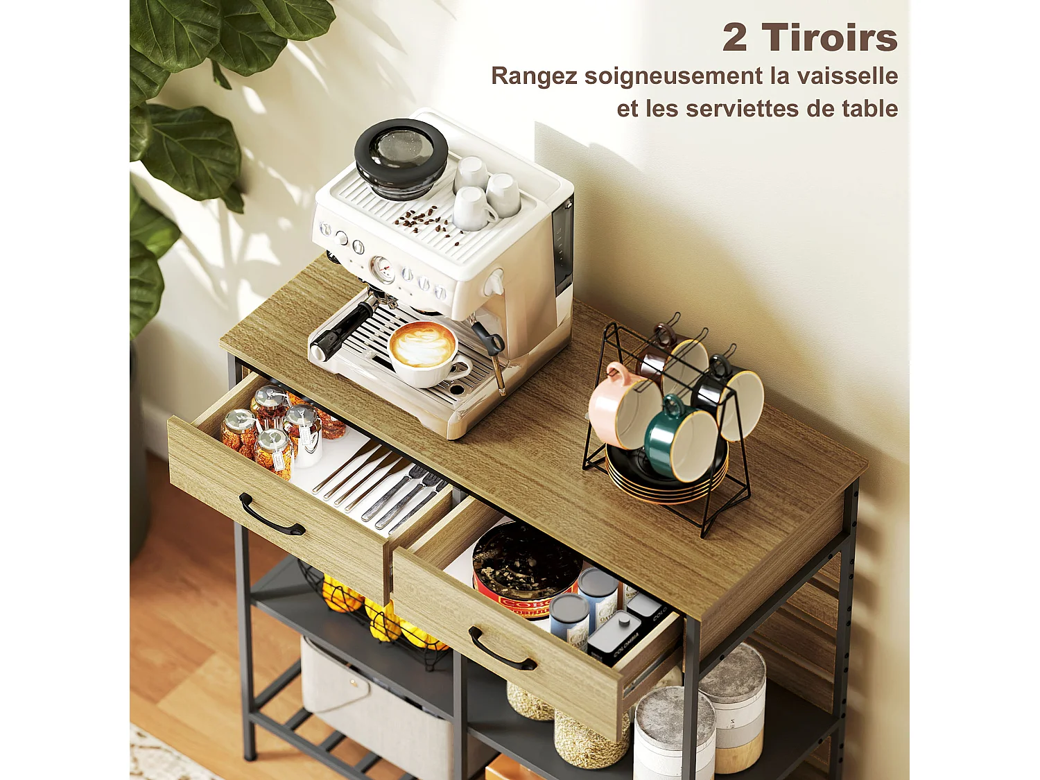 Rangement cuisine design industriel - 2 tiroirs, 3 étagères - dim. 90 x 40 x 91 cm - acier noir effet bois