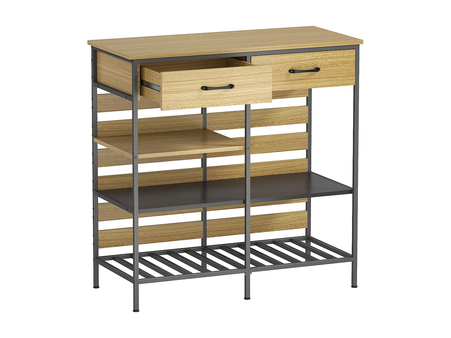 Rangement cuisine design industriel - 2 tiroirs, 3 étagères - dim. 90 x 40 x 91 cm - acier noir effet bois