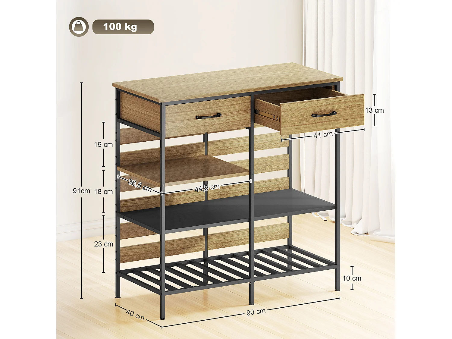 Rangement cuisine design industriel - 2 tiroirs, 3 étagères - dim. 90 x 40 x 91 cm - acier noir effet bois