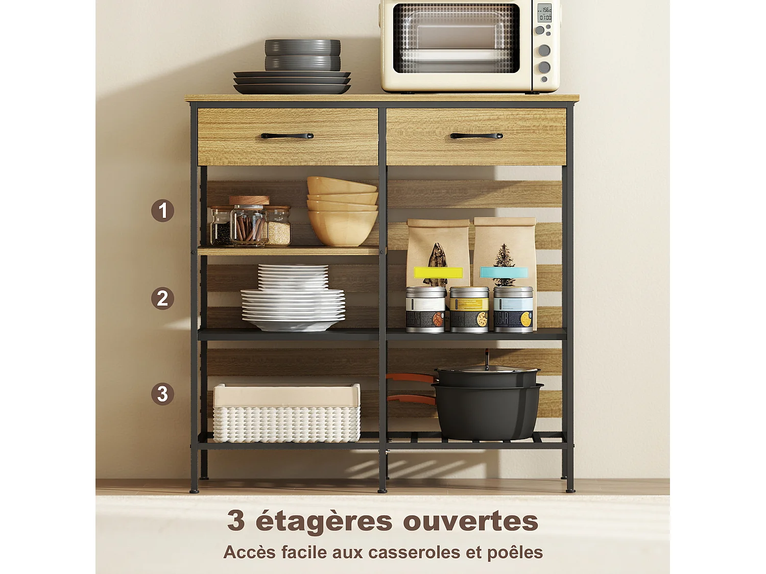 Rangement cuisine design industriel - 2 tiroirs, 3 étagères - dim. 90 x 40 x 91 cm - acier noir effet bois