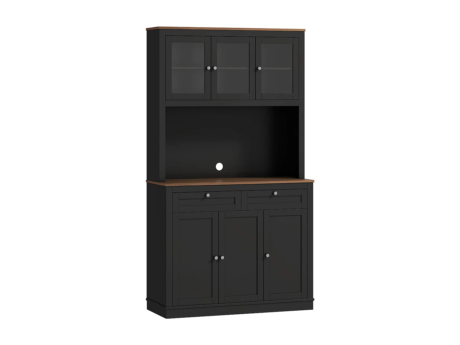 Buffet haut cuisine vitrine - 6 portes, 2 tiroirs, plan de travail - dim. 100x40x180cm - noir effet bois noyer