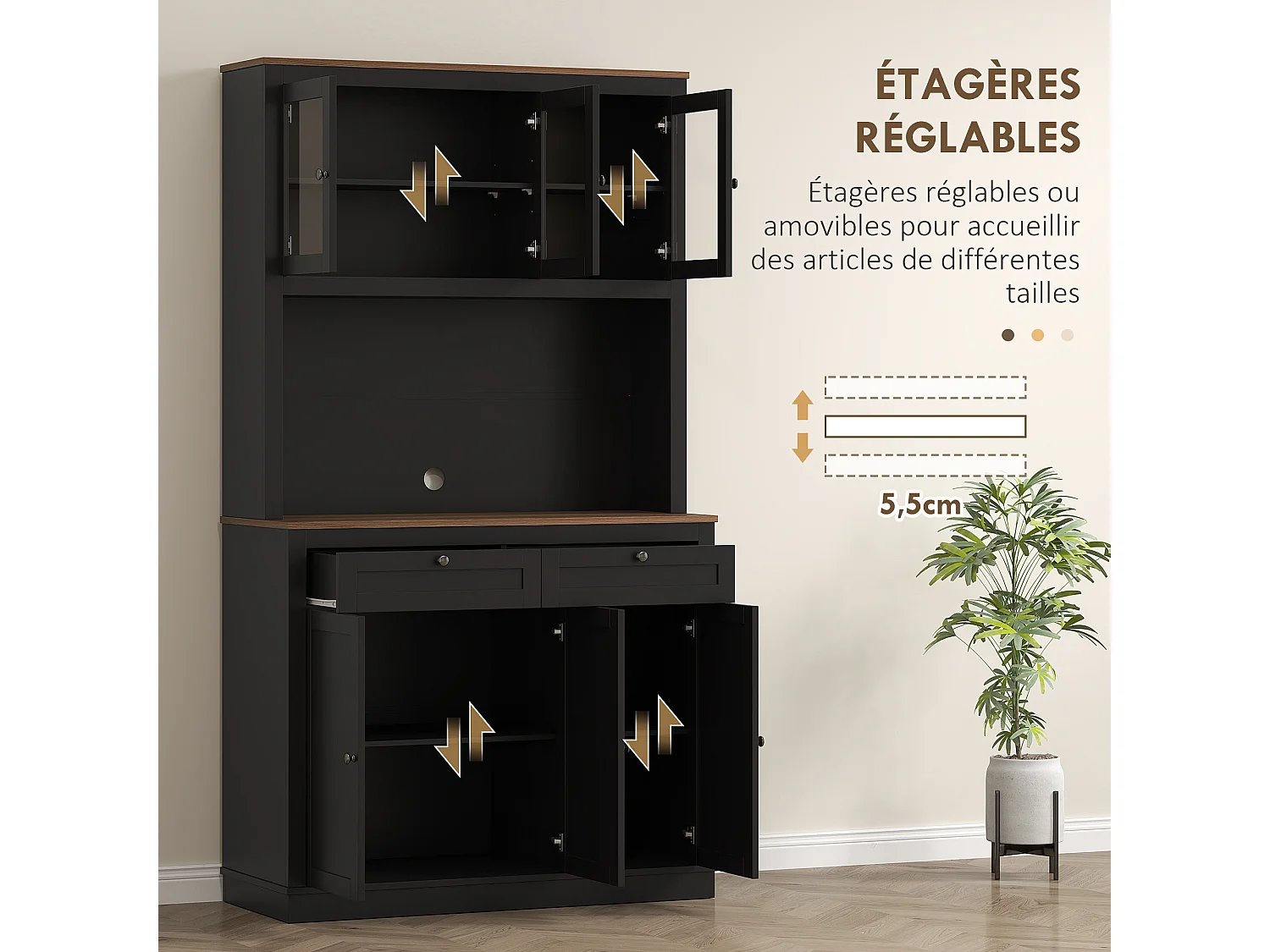 Buffet haut cuisine vitrine - 6 portes, 2 tiroirs, plan de travail - dim. 100x40x180cm - noir effet bois noyer