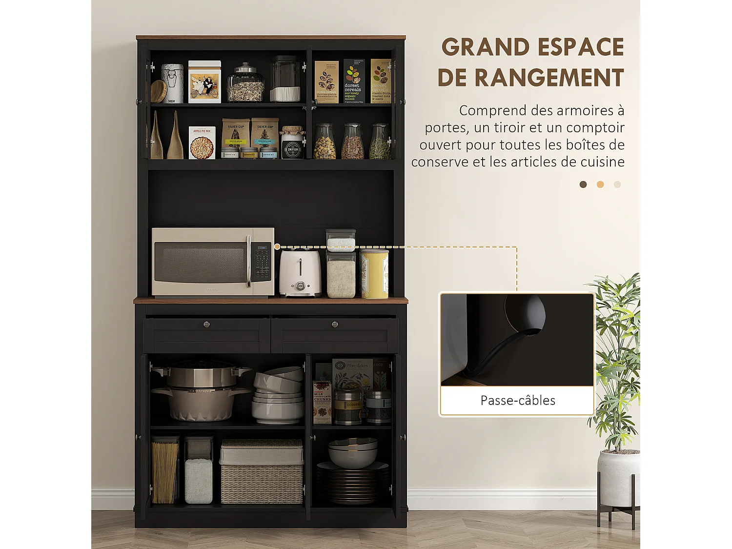 Buffet haut cuisine vitrine - 6 portes, 2 tiroirs, plan de travail - dim. 100x40x180cm - noir effet bois noyer