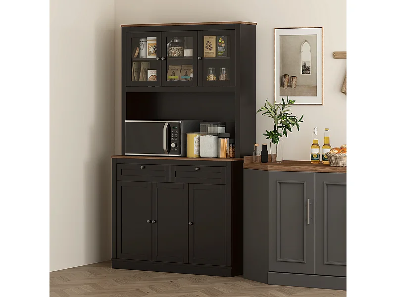 Buffet haut cuisine vitrine - 6 portes, 2 tiroirs, plan de travail - dim. 100x40x180cm - noir effet bois noyer