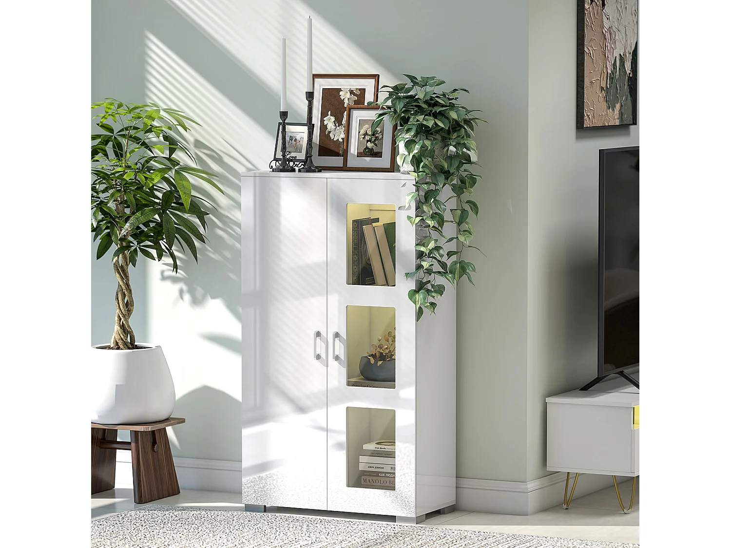 Buffet de cuisine LED 16 couleurs - 2 portes, 3 niveaux - 71x35x126cm, blanc