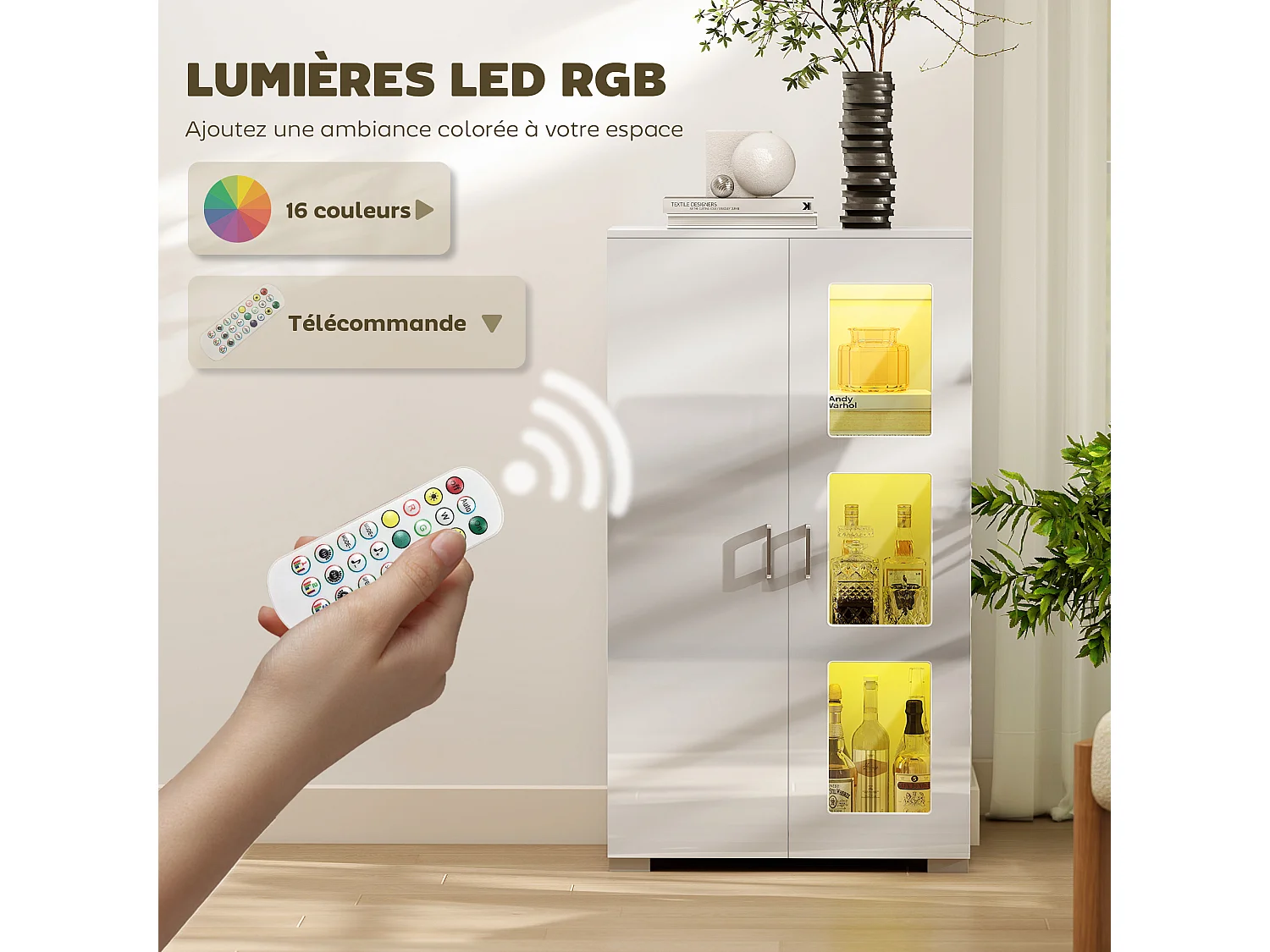 Buffet de cuisine LED 16 couleurs - 2 portes, 3 niveaux - 71x35x126cm, blanc