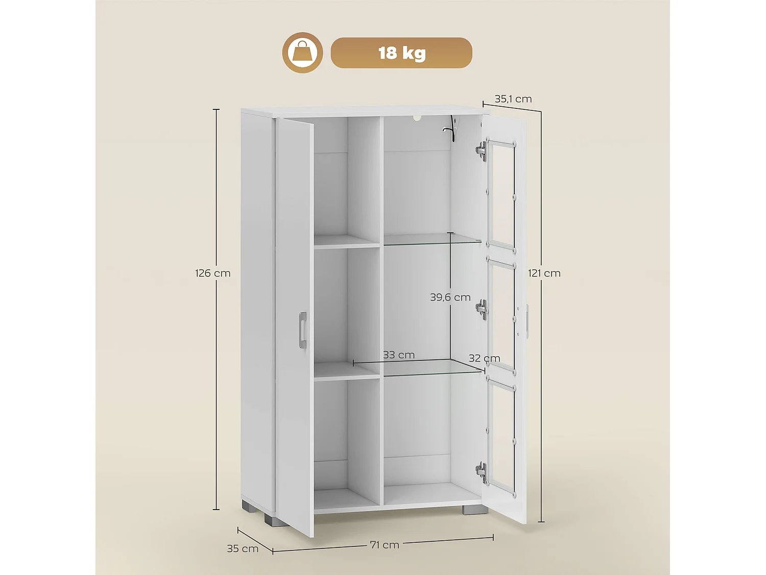 Buffet de cuisine LED 16 couleurs - 2 portes, 3 niveaux - 71x35x126cm, blanc