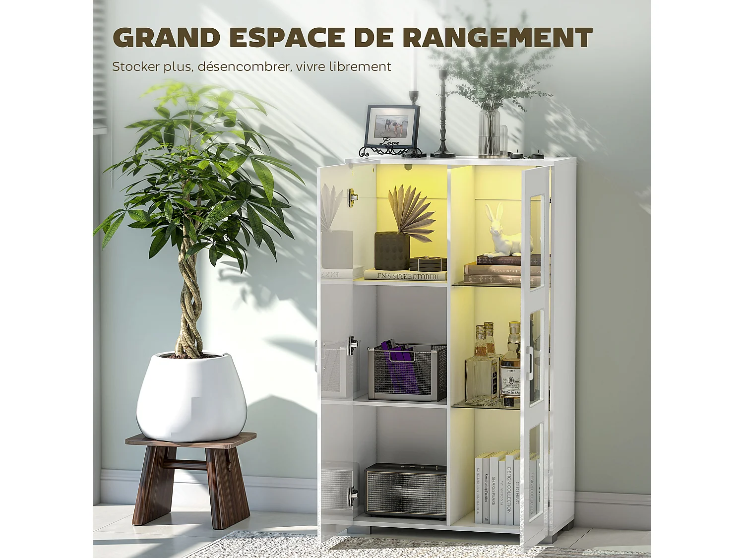 Buffet de cuisine LED 16 couleurs - 2 portes, 3 niveaux - 71x35x126cm, blanc