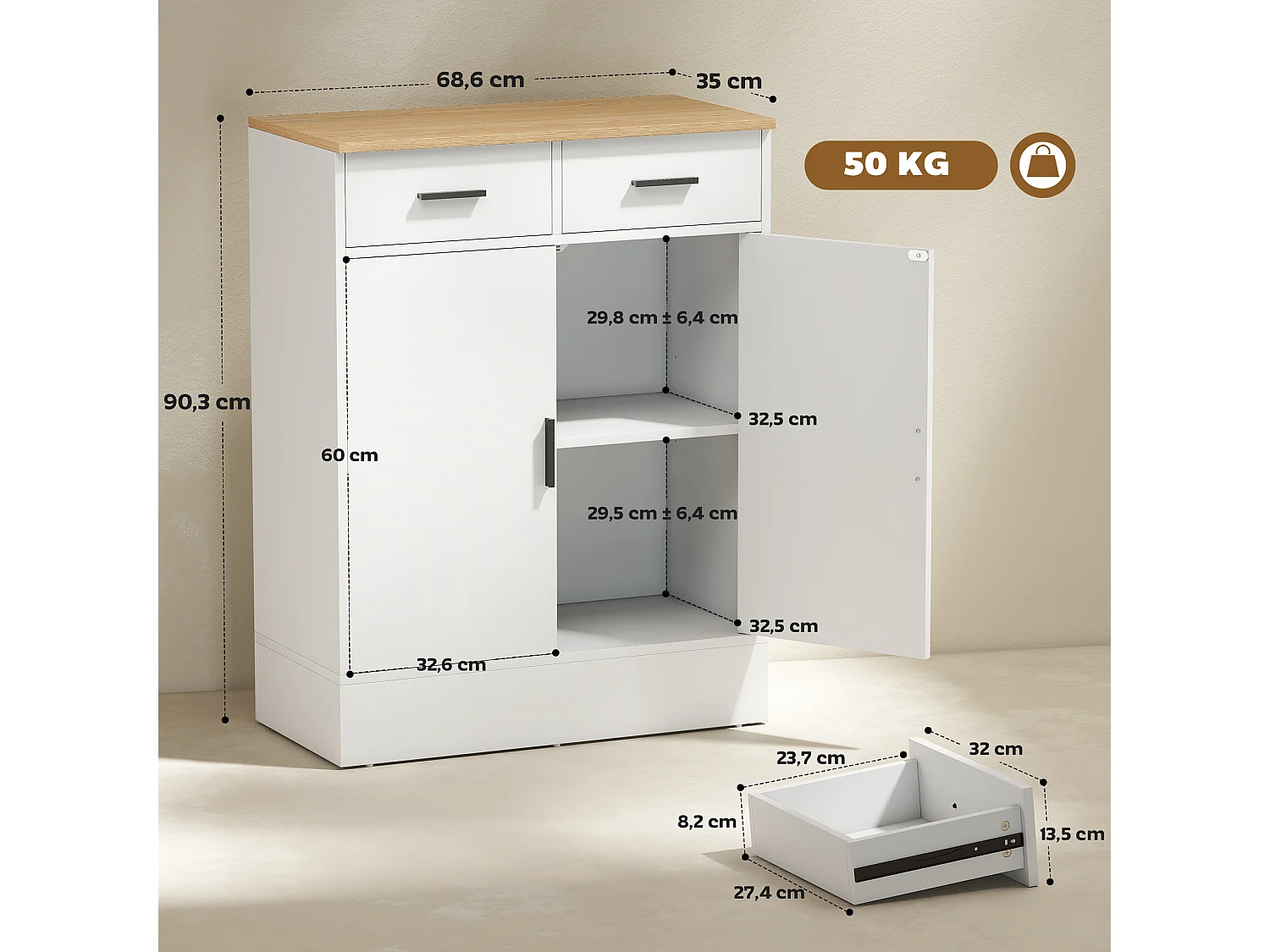 Buffet rangement cuisine 2 portes 2 tiroirs étagère - dim. 68 x 35 x 90 cm - effet bois clair blanc